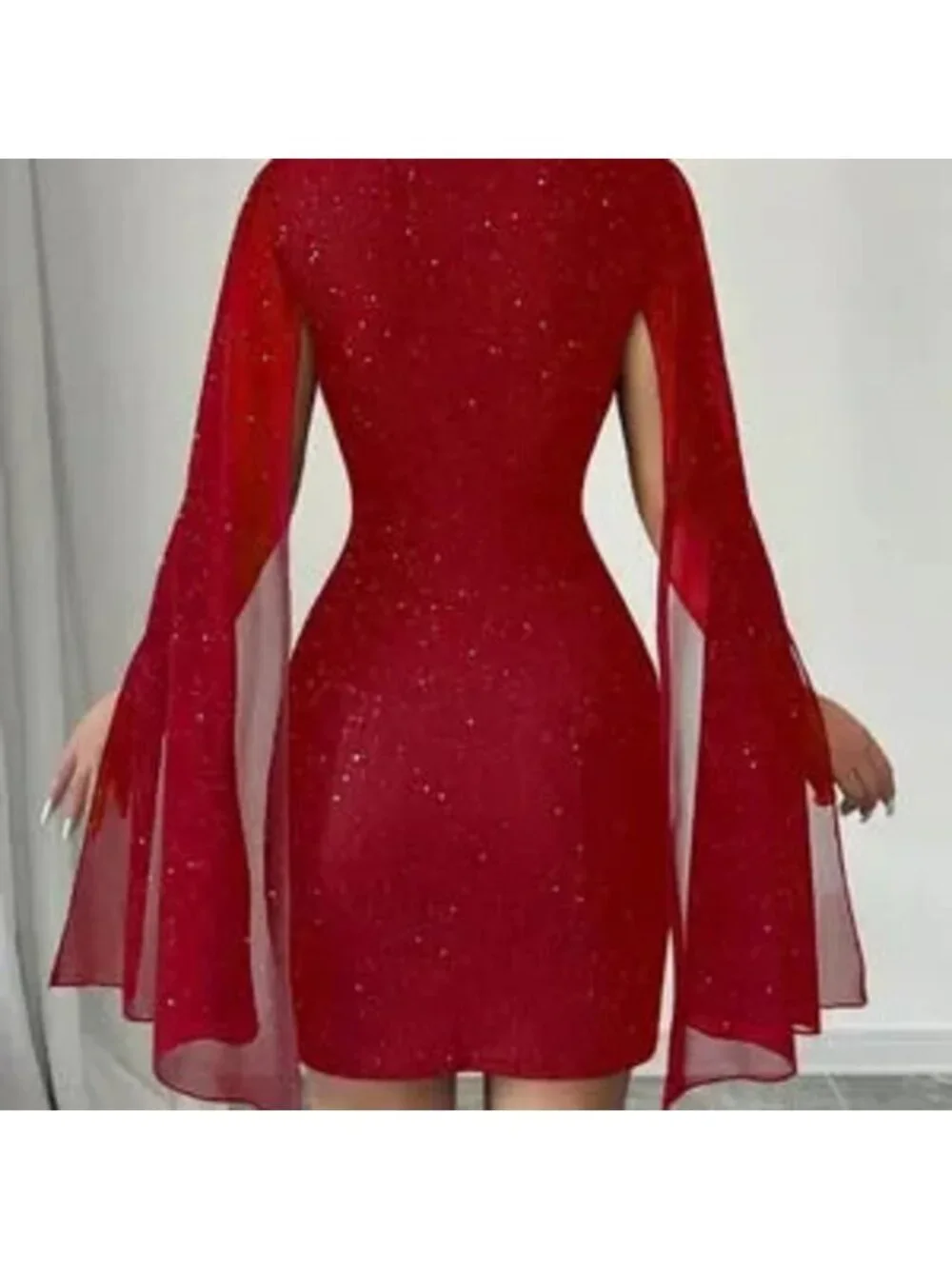 Red Party Women's Fitted Short Casual Mock Neck Flared Sleeve Bodycon Dress - Picture 2 of 5